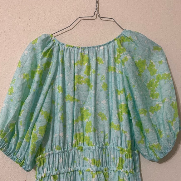 NWT Vineyard Vines Puff Sleeve Dress Green Blue V-Neck Mini Floral Pockets Sz XS - Picture 4 of 10